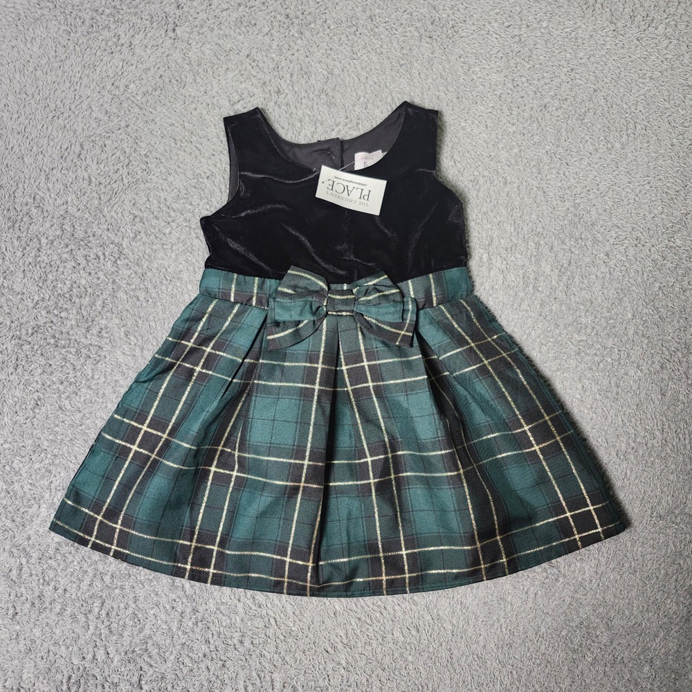 The Childrens Place Toddler 2T Dress Black Green Plaid Velvet Metallic Holiday